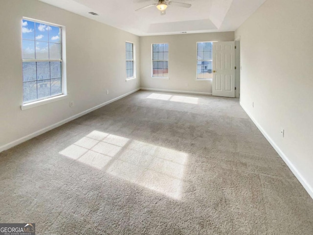 carpeted spare room with plenty of natural light, ceiling fan, and a tray ceiling