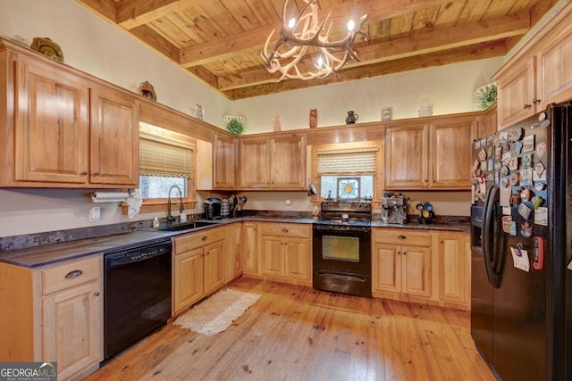 kitchen featuring sink, hanging light fixtures, wooden ceiling, light hardwood / wood-style floors, and black appliances