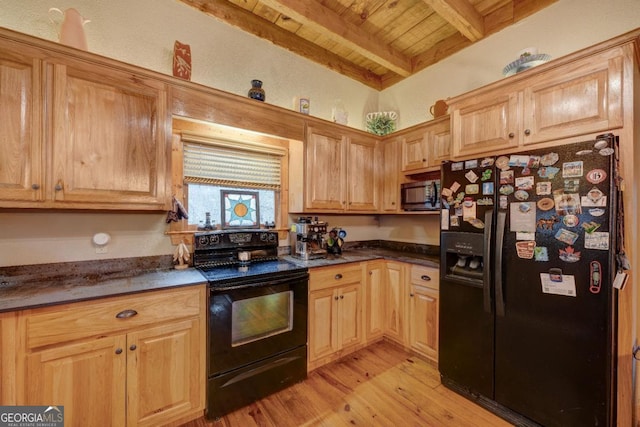 kitchen featuring black appliances, wooden ceiling, beamed ceiling, and light wood-type flooring