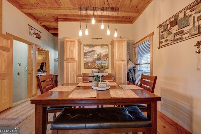 dining area featuring wood ceiling, light hardwood / wood-style floors, and beamed ceiling