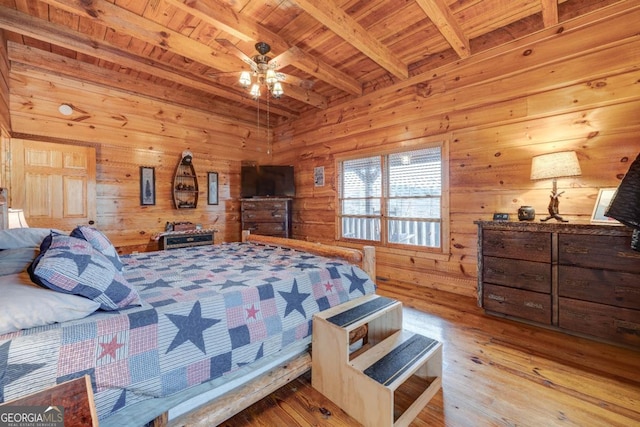 bedroom featuring wood ceiling, wooden walls, beam ceiling, and hardwood / wood-style flooring