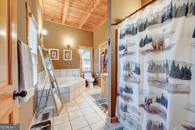 full bathroom featuring tile patterned flooring, beam ceiling, vanity, wooden ceiling, and independent shower and bath