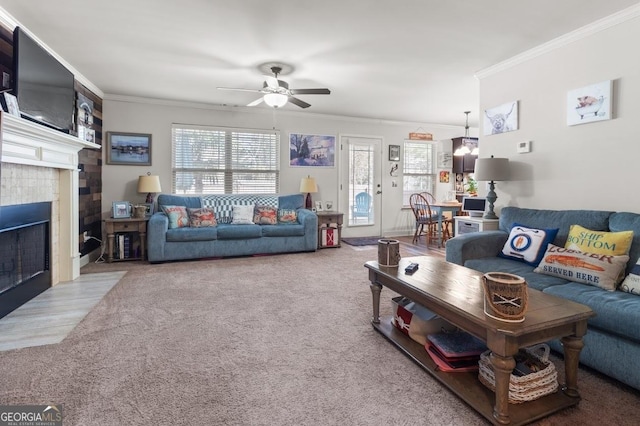 carpeted living room featuring crown molding, ceiling fan, and a fireplace