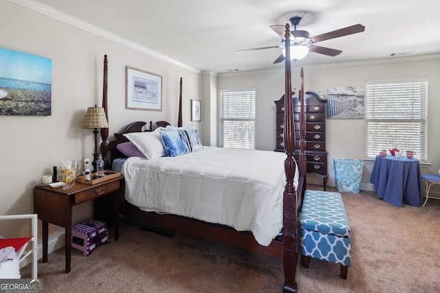 carpeted bedroom with crown molding and multiple windows