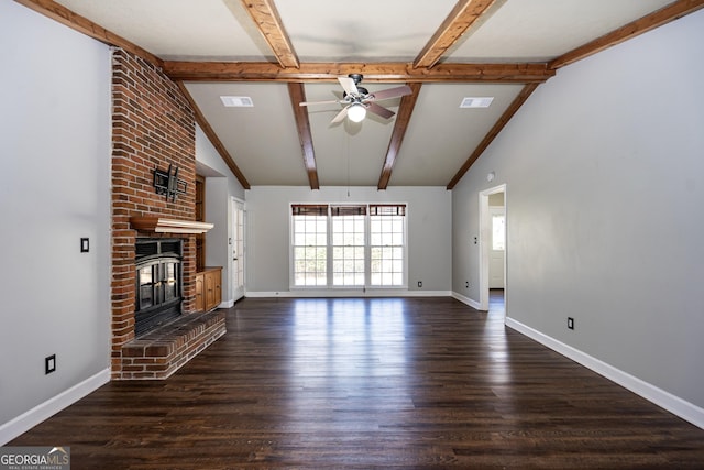 unfurnished living room featuring high vaulted ceiling, a brick fireplace, dark hardwood / wood-style flooring, beamed ceiling, and ceiling fan