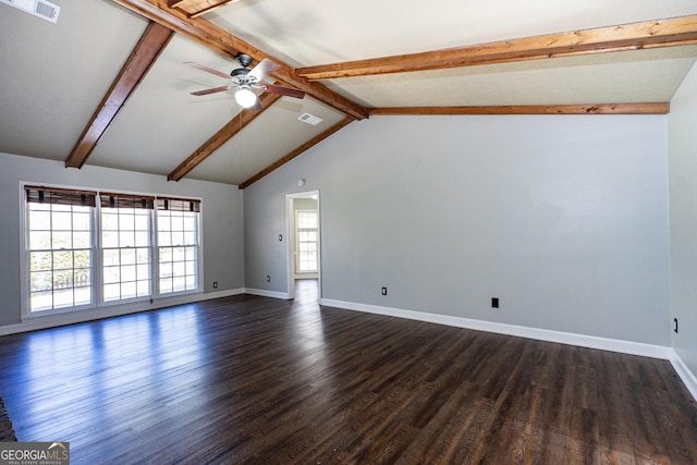 unfurnished room featuring ceiling fan, vaulted ceiling with beams, and dark hardwood / wood-style flooring