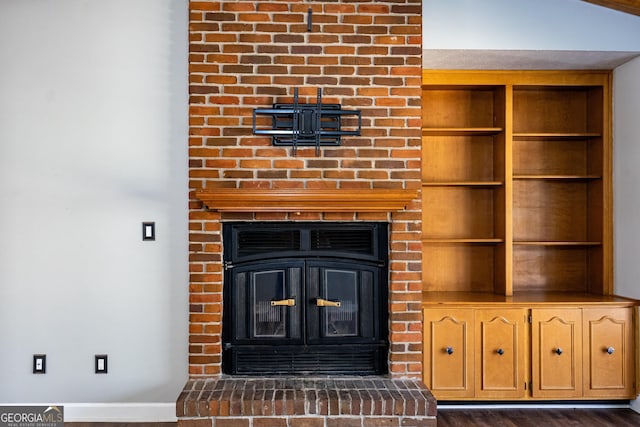 details featuring a fireplace and wood-type flooring