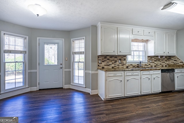 kitchen featuring white cabinetry, dark hardwood / wood-style floors, dishwasher, and backsplash