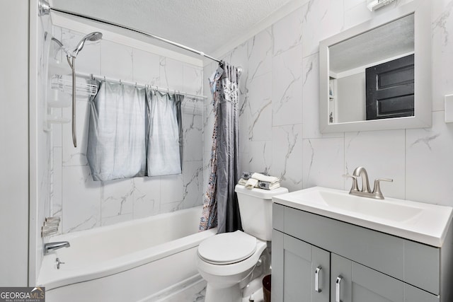 full bathroom featuring tile walls, vanity, toilet, a textured ceiling, and shower / bath combo with shower curtain