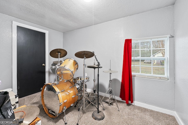 misc room featuring carpet flooring and a textured ceiling