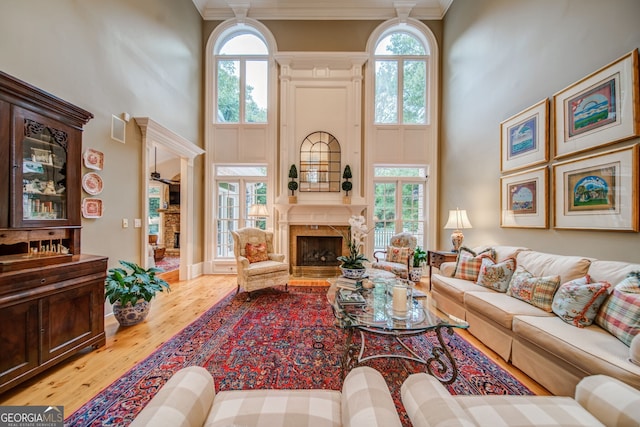 living room with crown molding, plenty of natural light, a premium fireplace, and light wood-type flooring