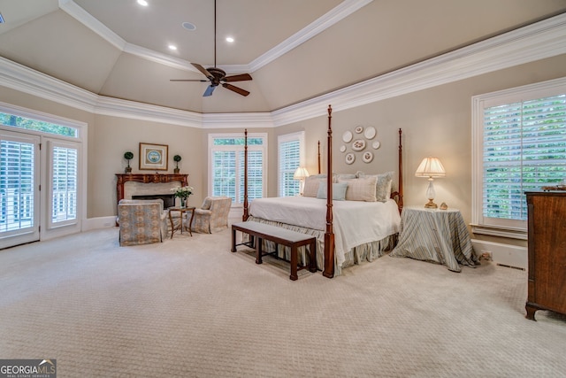 bedroom with ceiling fan, ornamental molding, light carpet, and access to outside