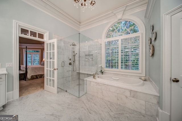 bathroom featuring vanity, ornamental molding, french doors, independent shower and bath, and a chandelier