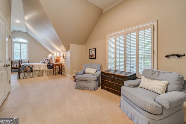 bedroom with light carpet and vaulted ceiling