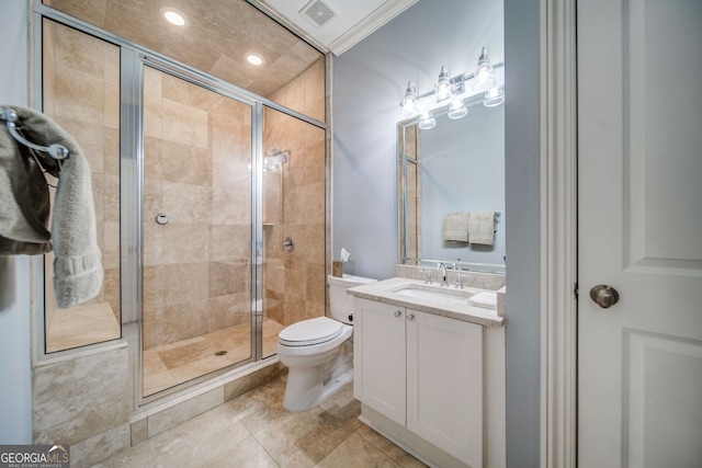 bathroom featuring walk in shower, vanity, toilet, and crown molding