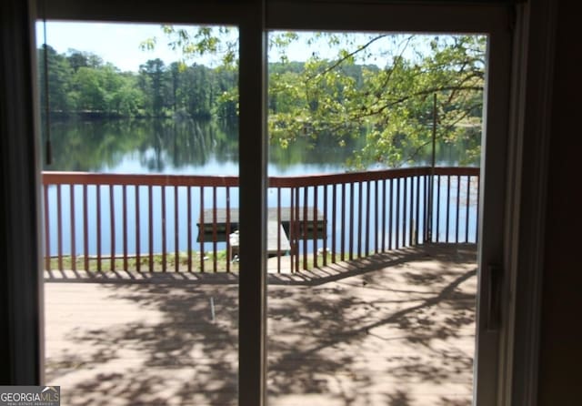 interior space with a water view