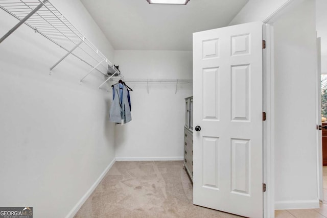 walk in closet with light colored carpet