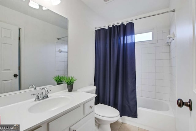 full bathroom featuring tile patterned flooring, vanity, shower / bathtub combination with curtain, and toilet