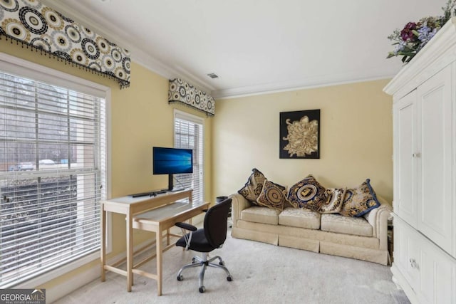 carpeted home office with crown molding