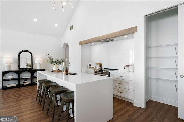 kitchen with sink, a breakfast bar, a kitchen island with sink, white cabinets, and dark hardwood / wood-style flooring