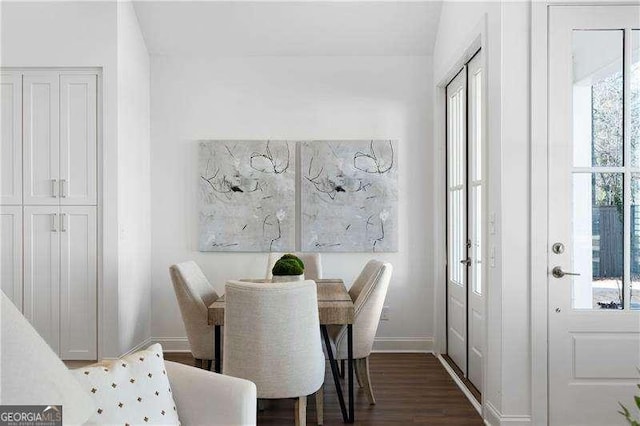 dining space featuring dark wood-type flooring