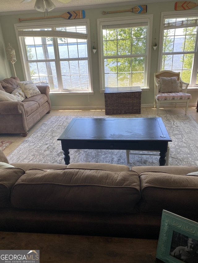 living room with ceiling fan and tile patterned flooring