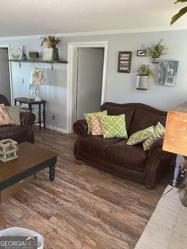 living area featuring crown molding, baseboards, and wood finished floors