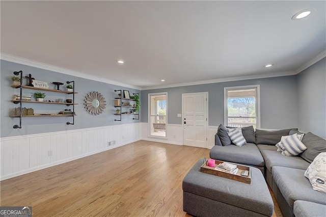 living room featuring ornamental molding, light hardwood / wood-style floors, and a healthy amount of sunlight