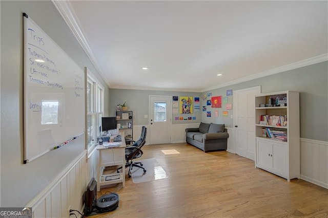 office area featuring crown molding and light wood-type flooring