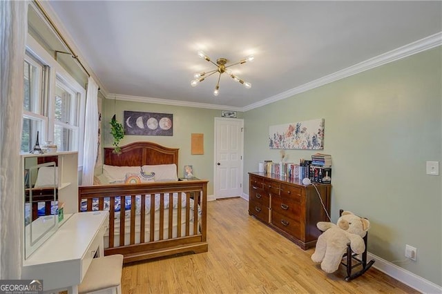 bedroom with ornamental molding, a chandelier, and light wood-type flooring