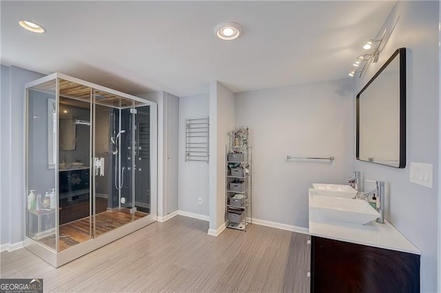 bathroom with vanity, hardwood / wood-style floors, and an enclosed shower