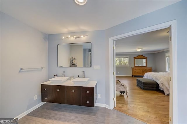 bathroom with vanity and wood-type flooring