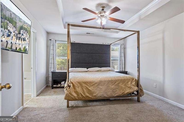 carpeted bedroom featuring ornamental molding