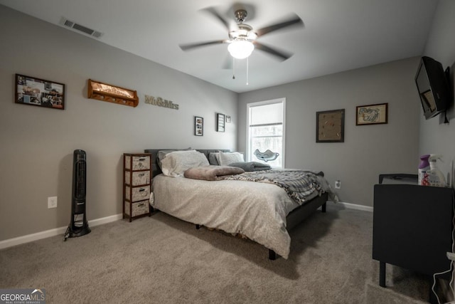 bedroom featuring ceiling fan and carpet floors