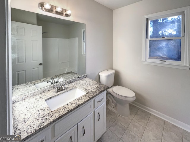 bathroom featuring vanity, toilet, tile patterned flooring, and a shower