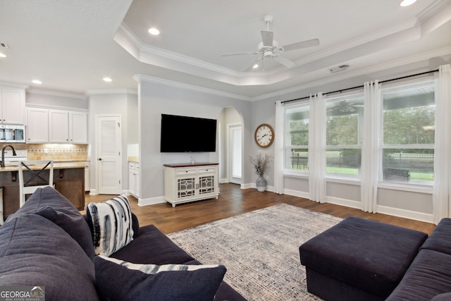 living room featuring dark wood-type flooring, sink, crown molding, a raised ceiling, and ceiling fan