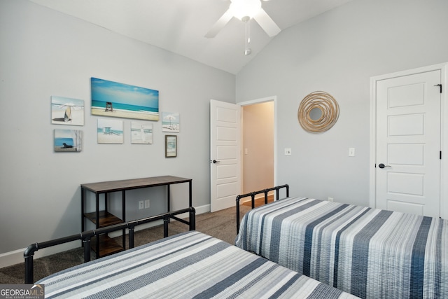 bedroom with vaulted ceiling, ceiling fan, and dark carpet