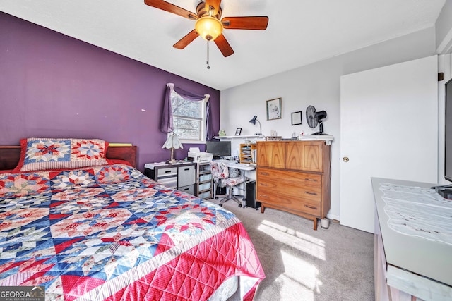 carpeted bedroom featuring ceiling fan