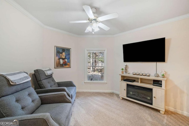 carpeted living room with crown molding and ceiling fan