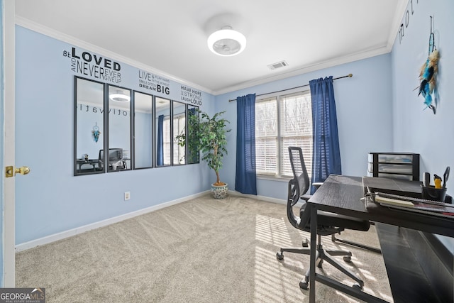 carpeted home office with ornamental molding