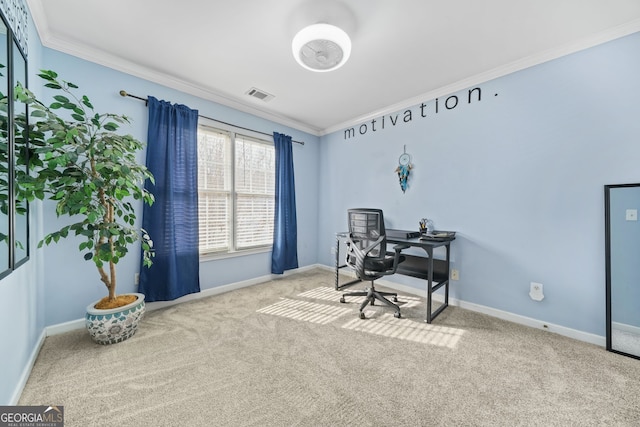 office area featuring crown molding and light colored carpet