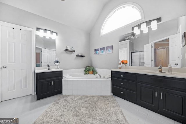 bathroom featuring high vaulted ceiling, vanity, independent shower and bath, and tile patterned flooring