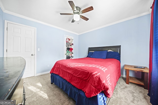 carpeted bedroom with crown molding and ceiling fan