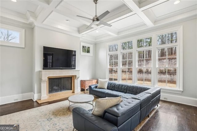 living room with coffered ceiling, dark wood-type flooring, and plenty of natural light