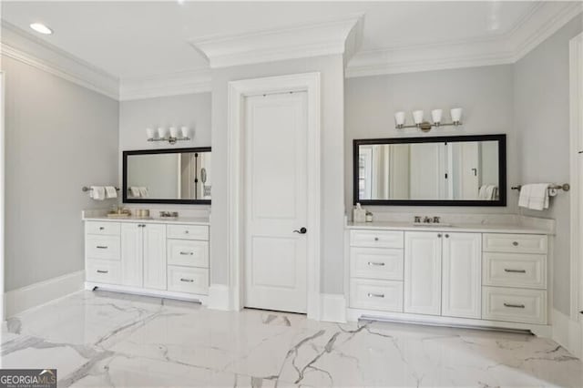 bathroom featuring ornamental molding and vanity