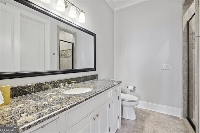 bathroom featuring vanity, an enclosed shower, tile patterned floors, and toilet