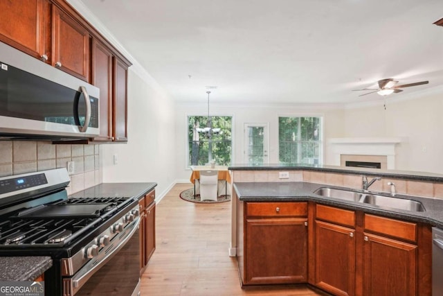 kitchen featuring sink, crown molding, backsplash, stainless steel appliances, and light wood-type flooring