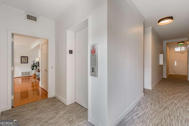 hall with light carpet, crown molding, and elevator