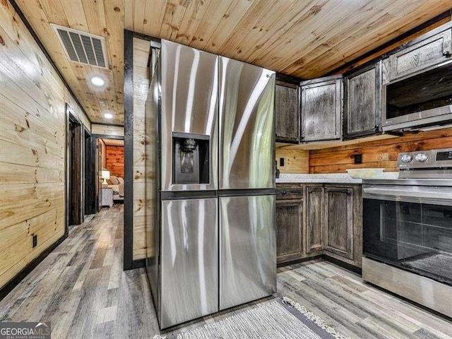 kitchen featuring dark brown cabinets, light wood-type flooring, wooden ceiling, appliances with stainless steel finishes, and wooden walls