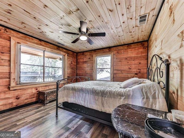 bedroom featuring multiple windows, dark hardwood / wood-style floors, wooden ceiling, and wood walls